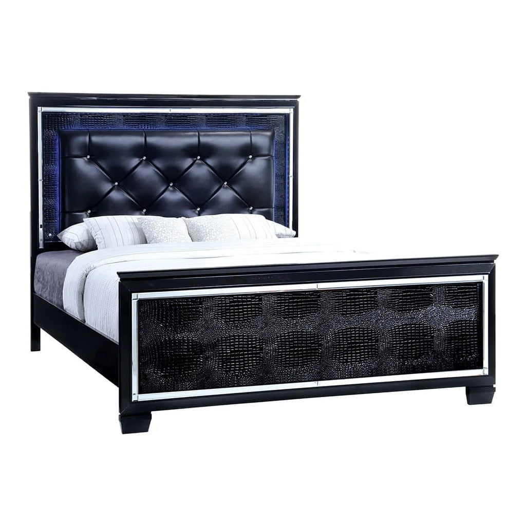 Black Wood King LED Panel Bed with Mirror Trim V485