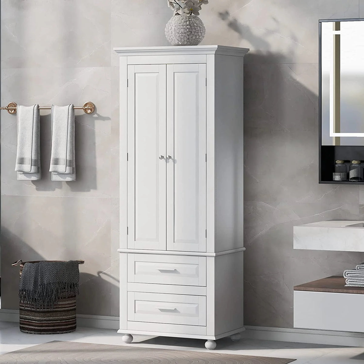 White Storage Cabinet with Doors and 2 Drawers N169