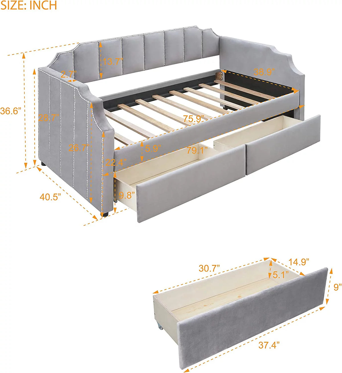 Light Gray Velvet Upholstered Daybed with Storage Drawers H3711