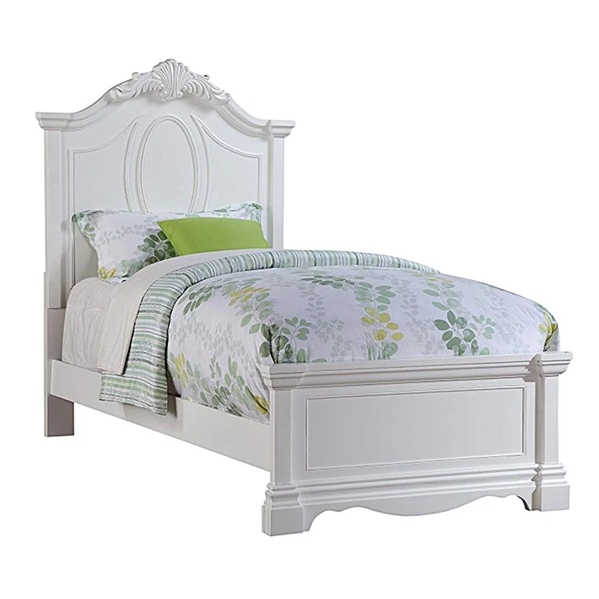 White Wooden Full Size Bed with Carved Headboard F237170