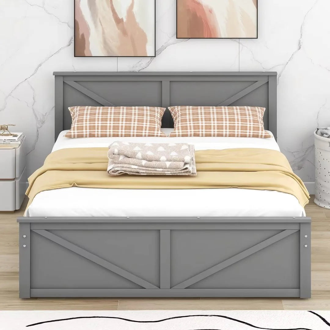 Queen Size White Wooden Platform Bed with 4 Storage Drawers T9900