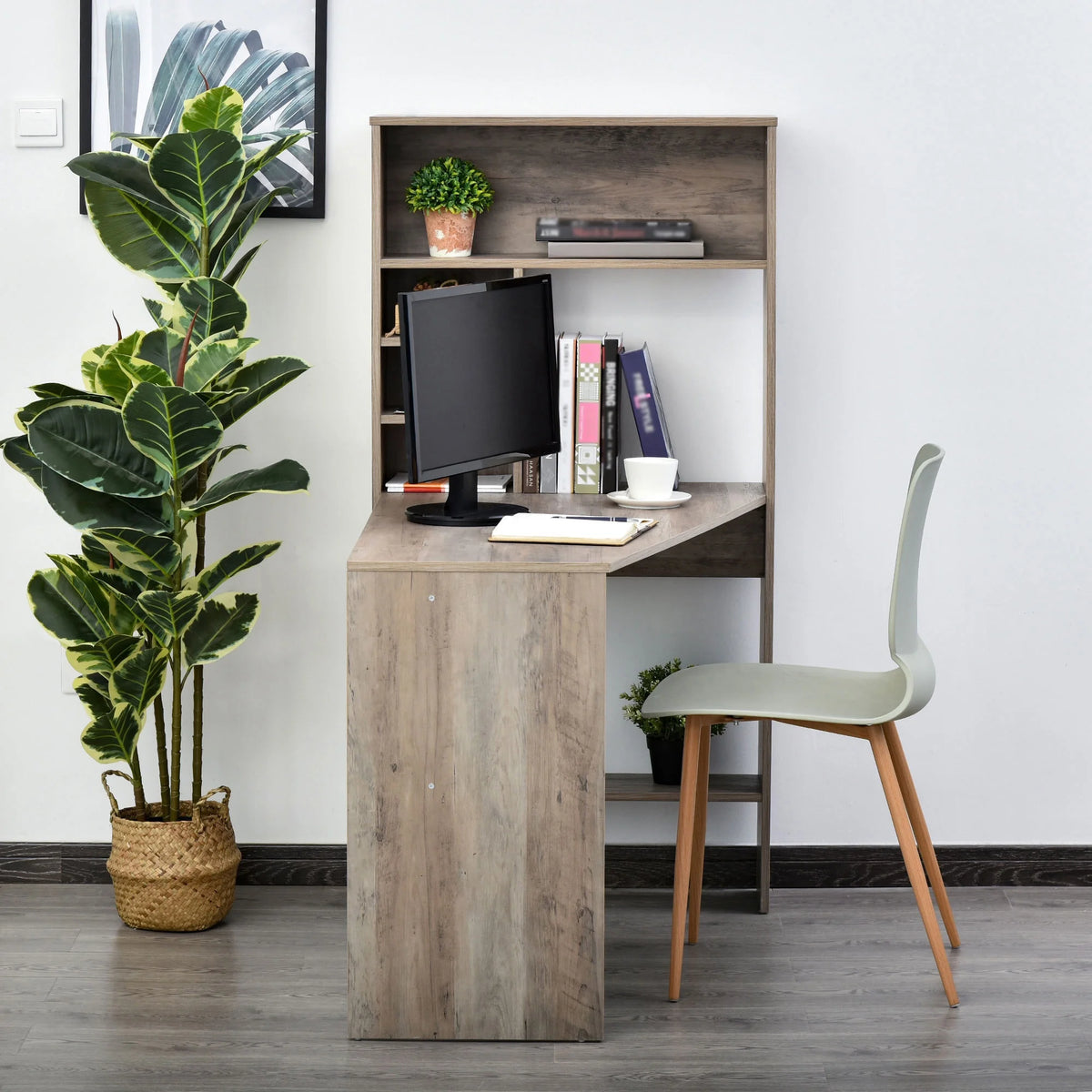 Grey Computer Desk with Hutch and Storage Shelves L28827