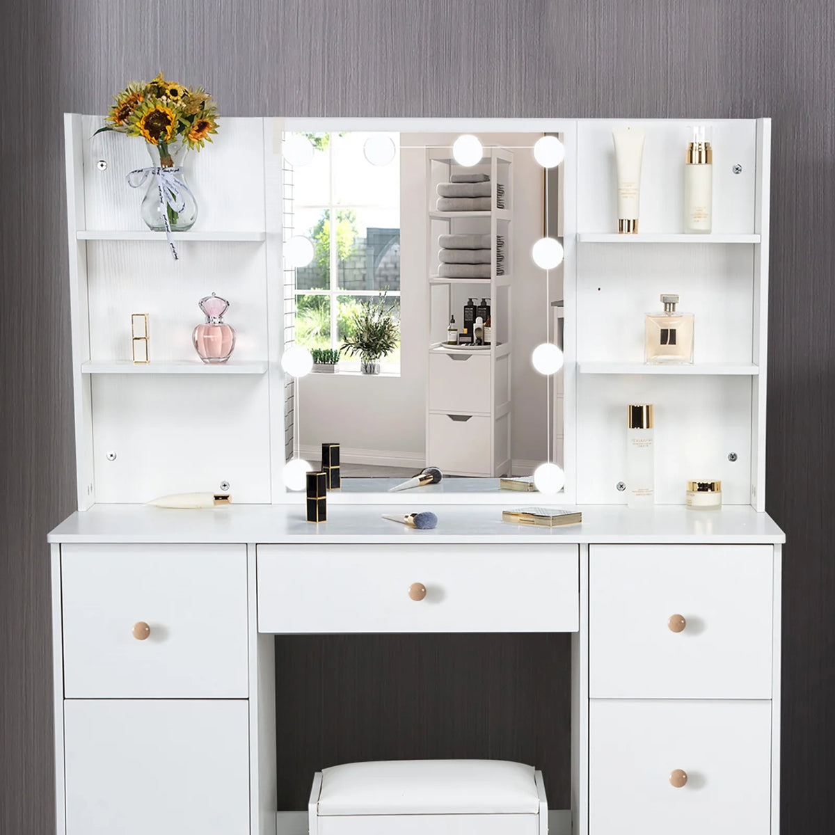 White Vanity Set with Mirror and Lights W786