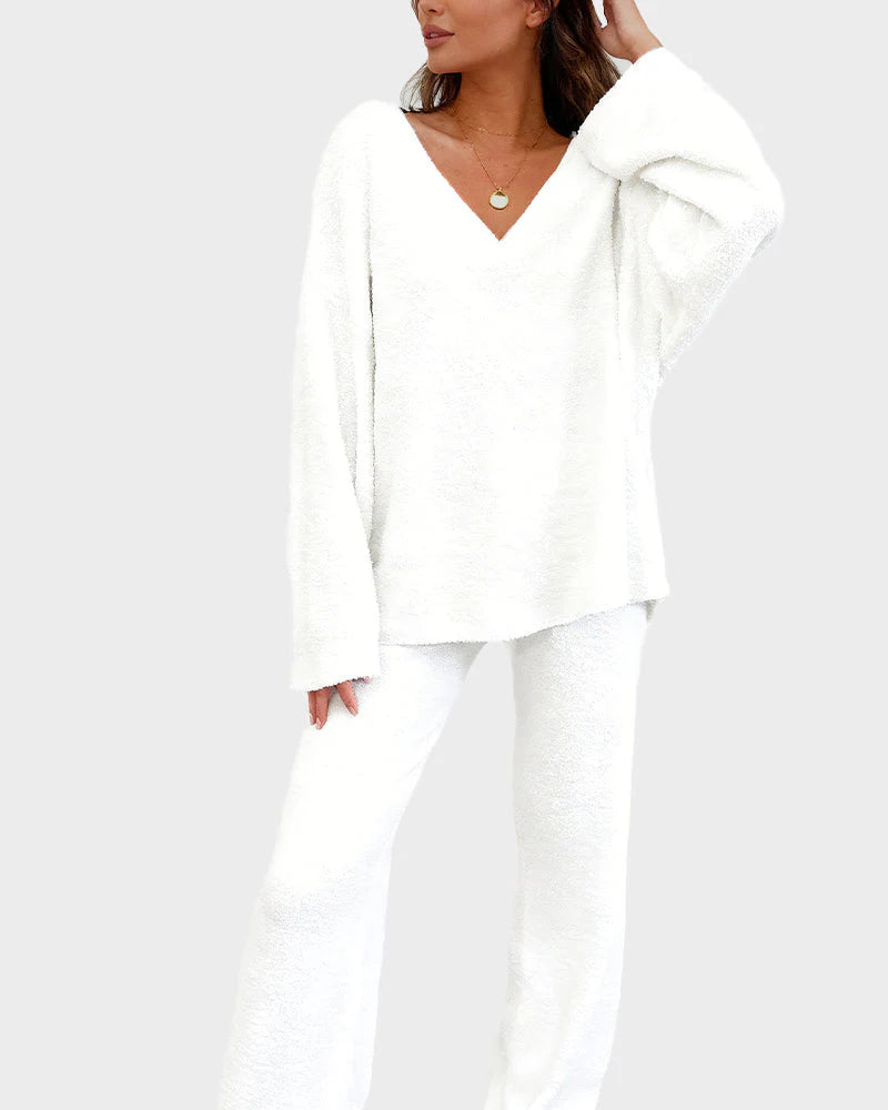 Soft Fuzzy V-Neck Loungewear Set L862567