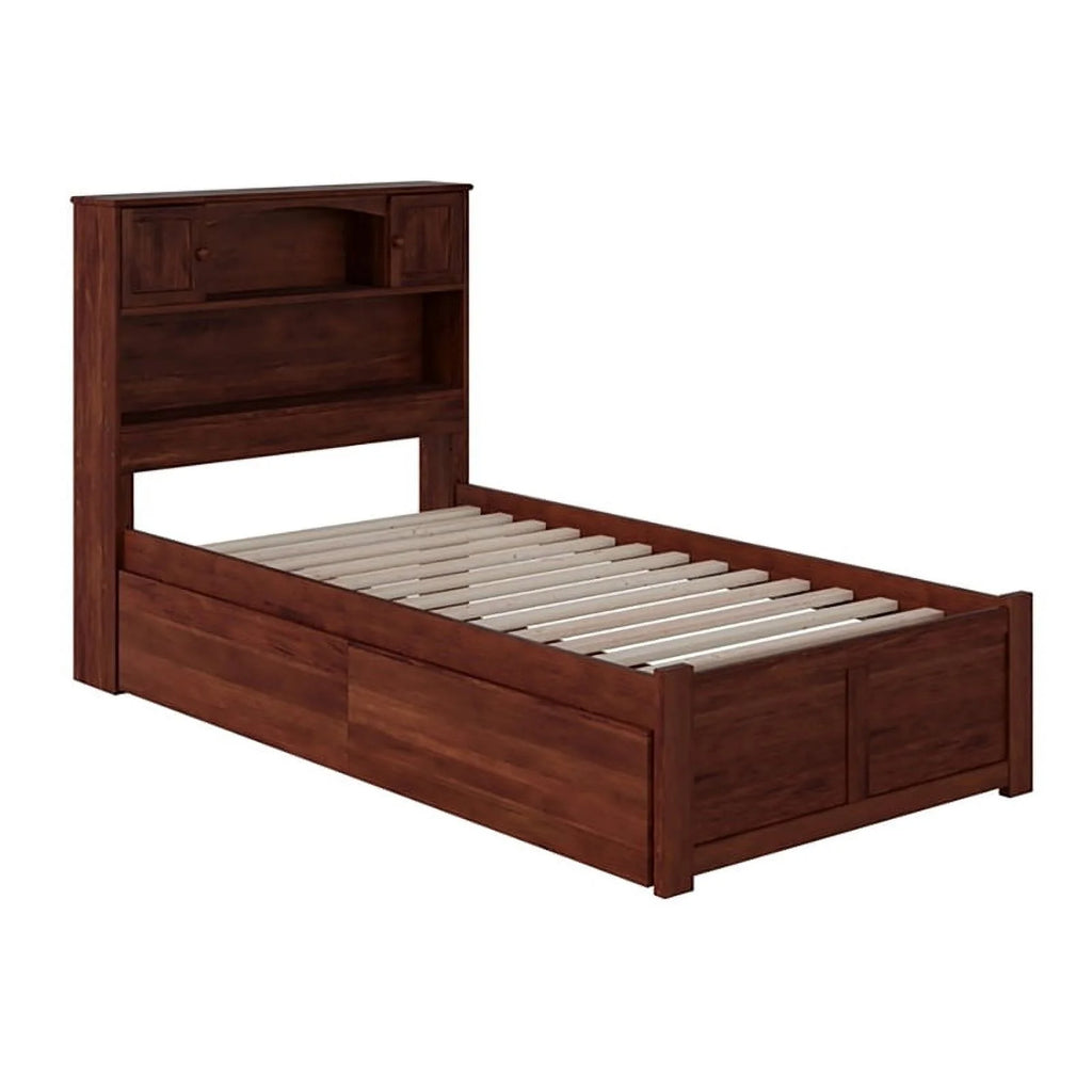 Walnut Brown Twin XL Storage Bookcase Bed A675