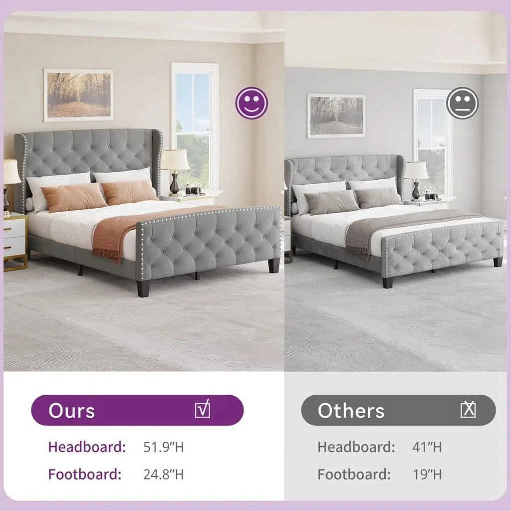 Queen Size Grey Velvet Upholstered Platform Bed Frame S583