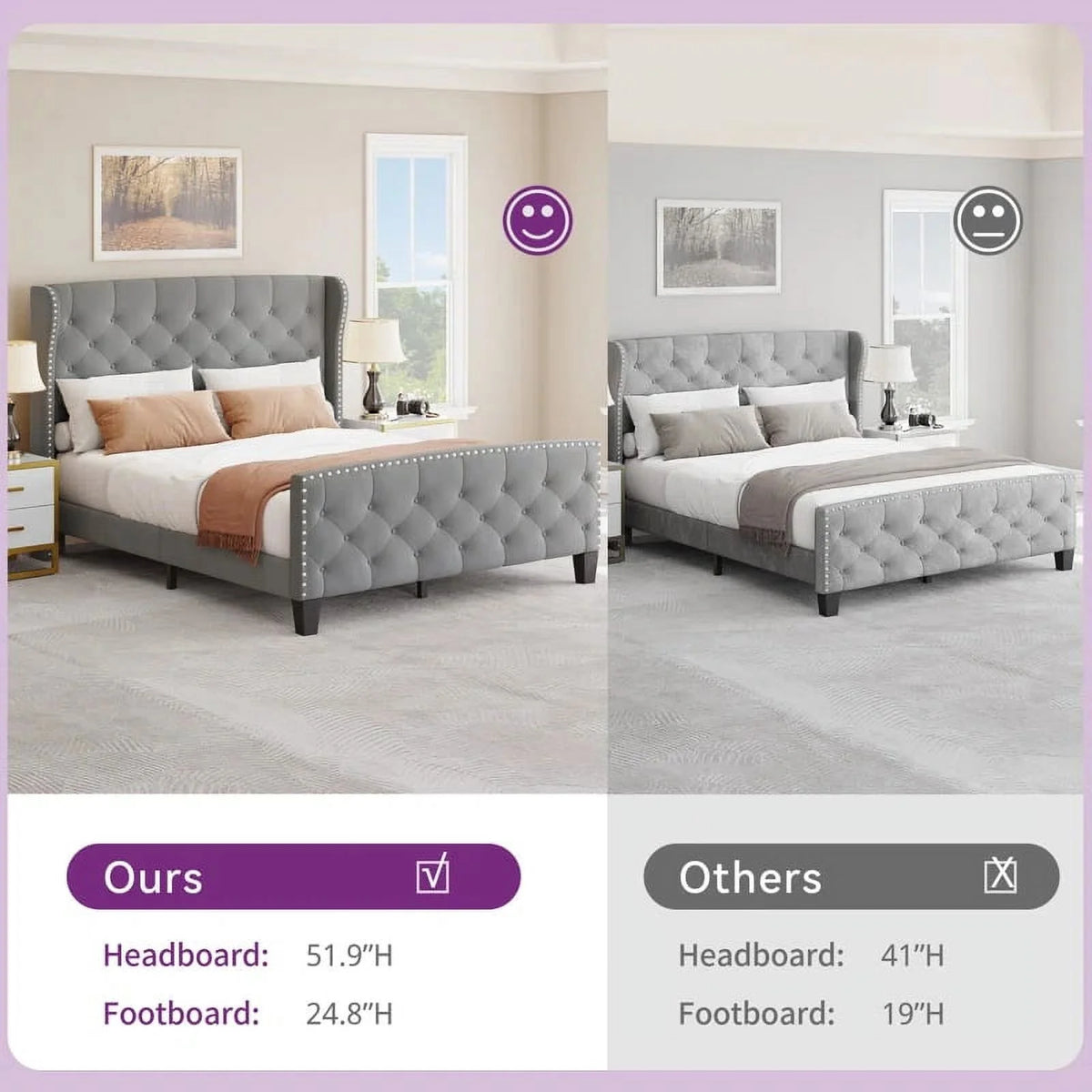 Queen Size Grey Velvet Upholstered Platform Bed Frame S583