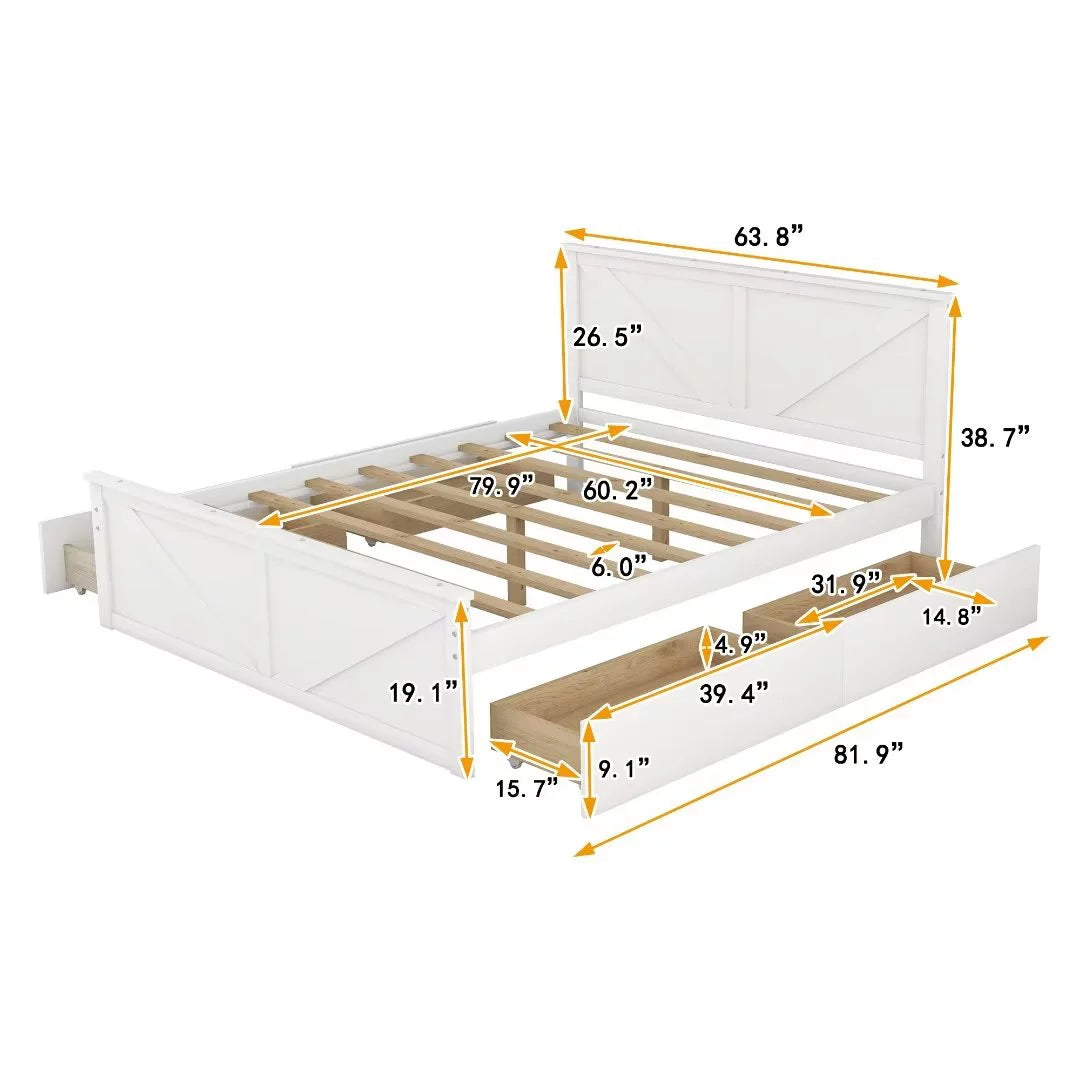 Queen Size White Wooden Platform Bed with 4 Storage Drawers T9900
