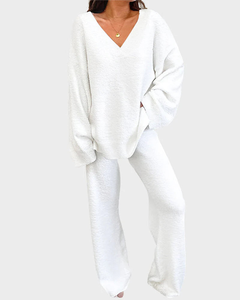 Soft Fuzzy V-Neck Loungewear Set L862567