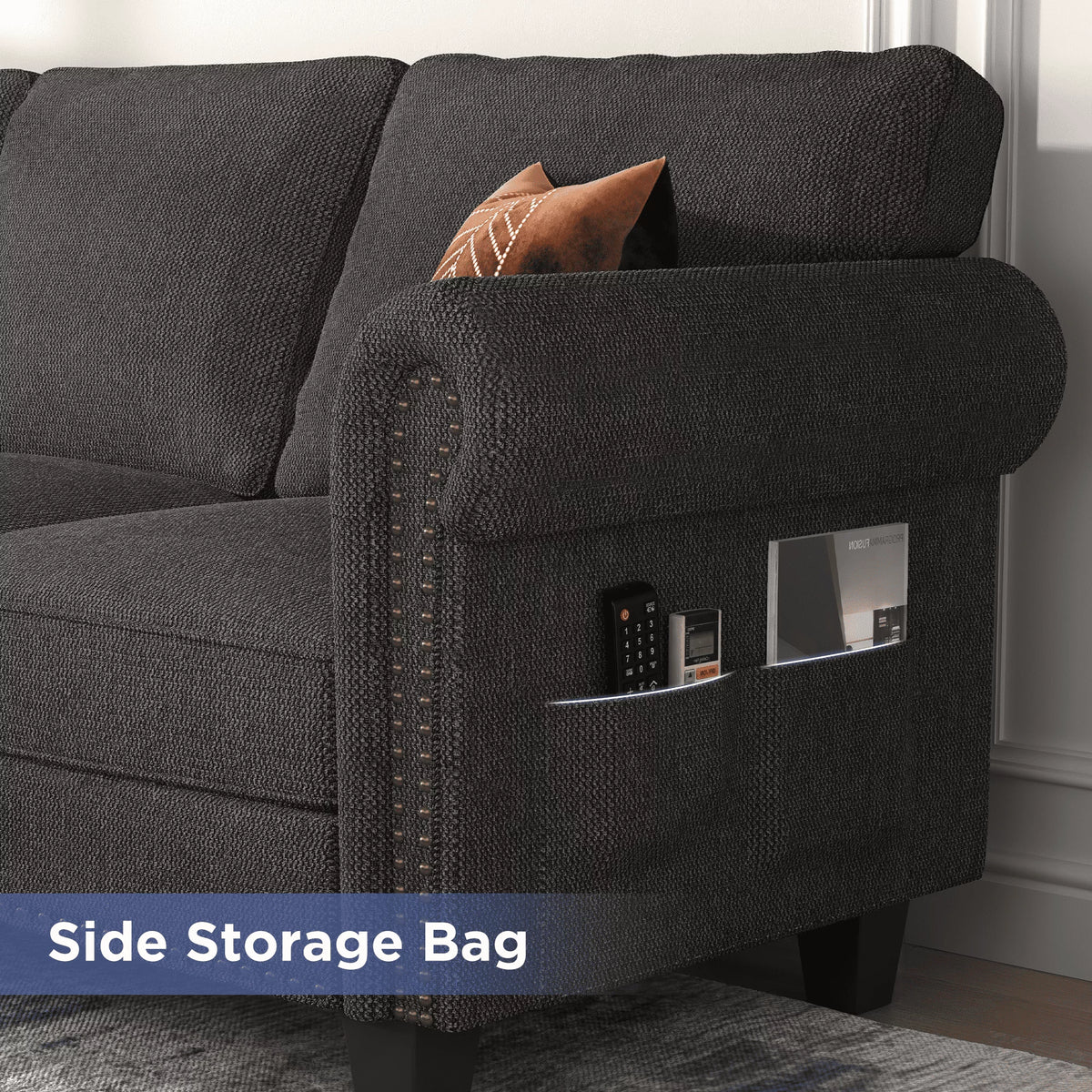 Dark Gray L-Shaped Sectional Sofa with Storage Ottoman F41258