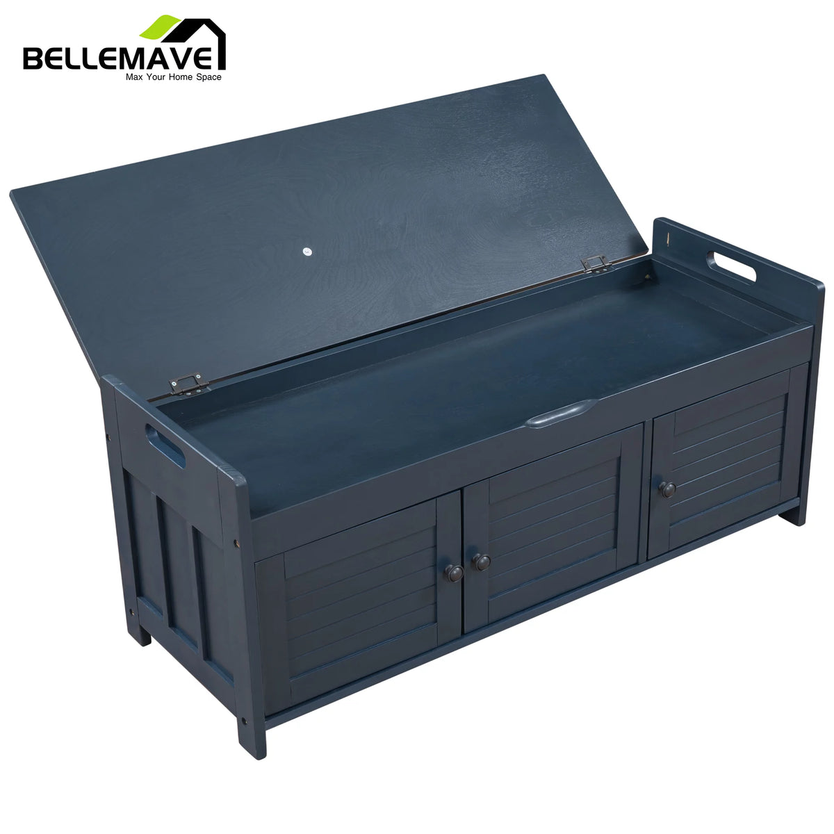 Navy Blue Wood Storage Bench with Removable Cushion and Shelves G8558