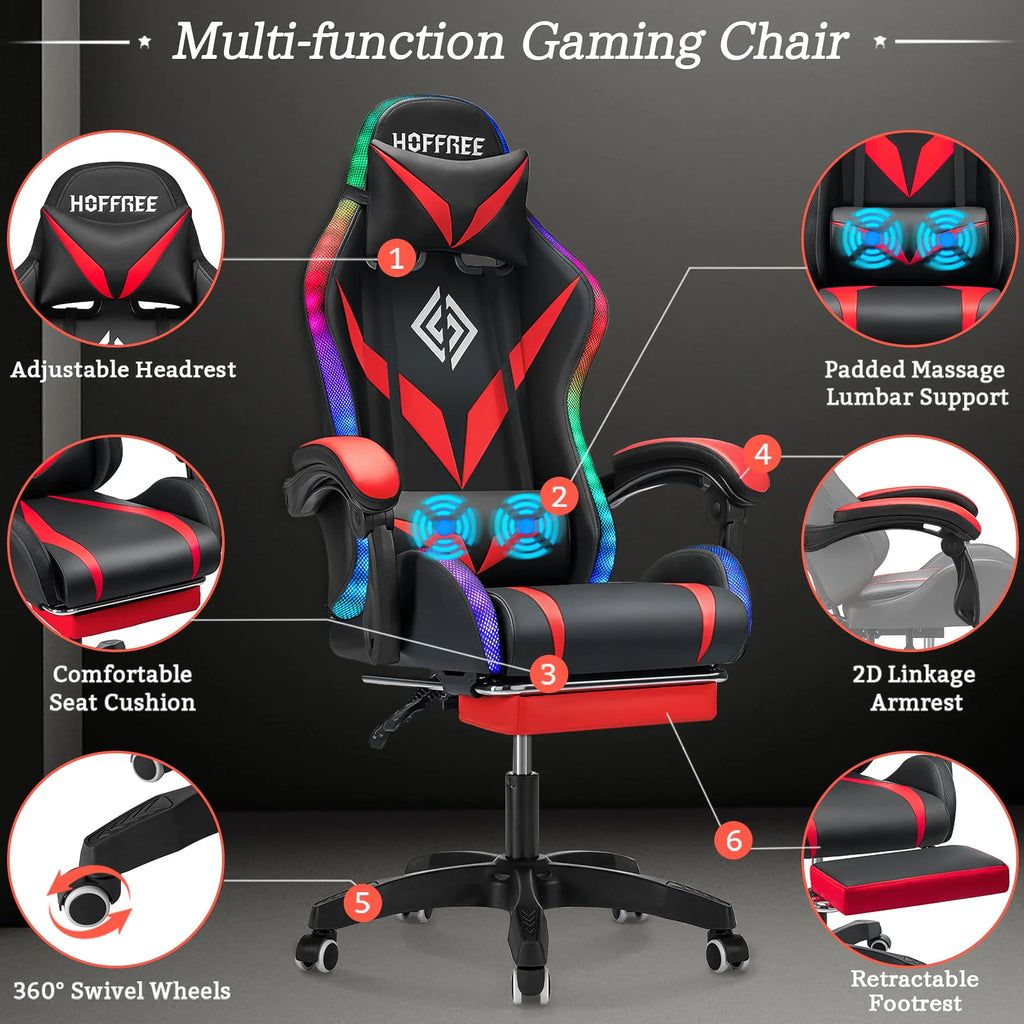 Gaming Chair with Speakers PU Leather Footrest LED Lights I919