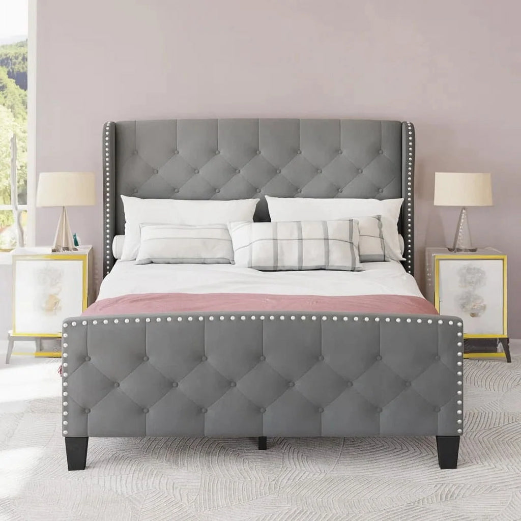 Queen Size Grey Velvet Upholstered Platform Bed Frame S583