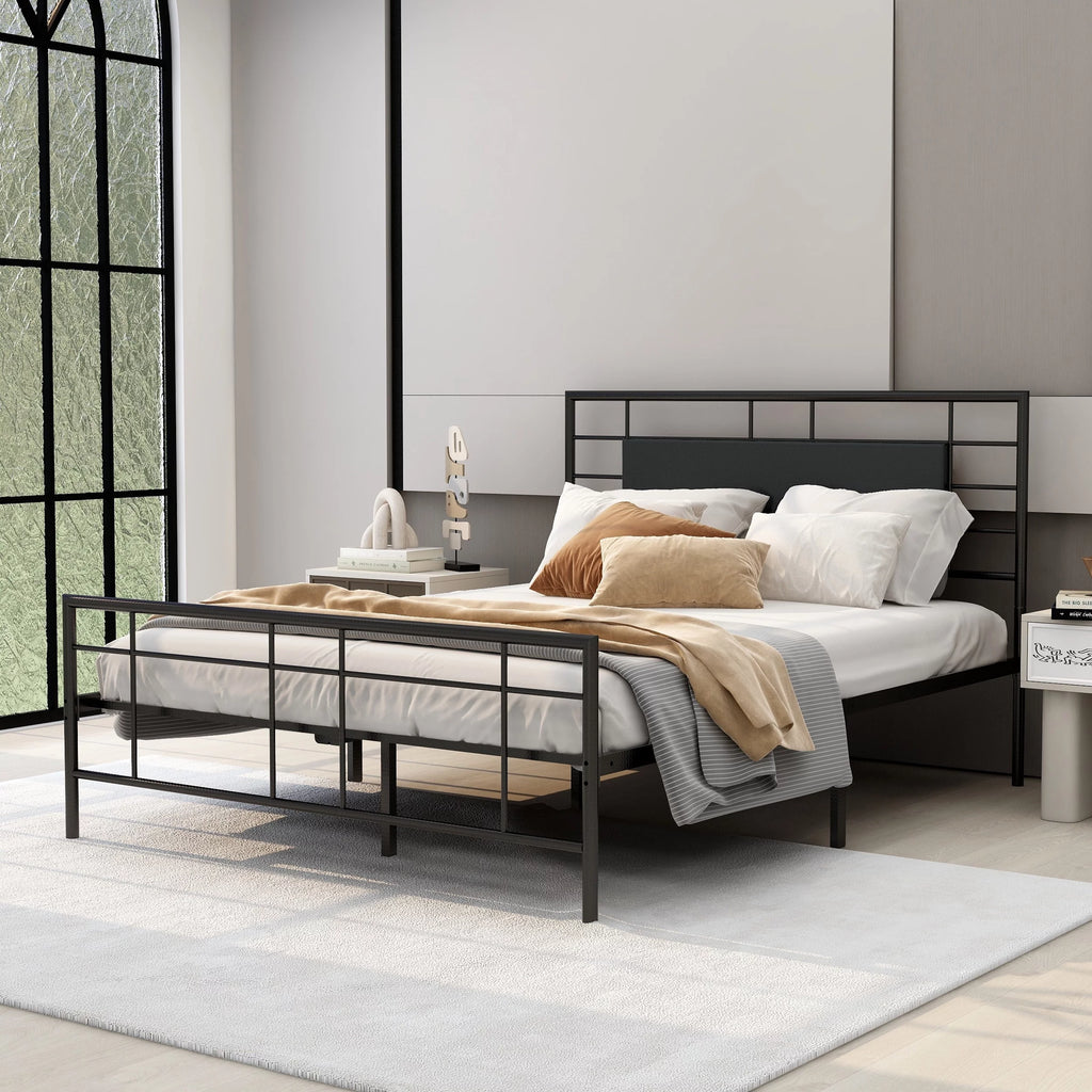 Queen Size Black Metal Platform Bed Frame with Leather Upholstered Headboard Z536791