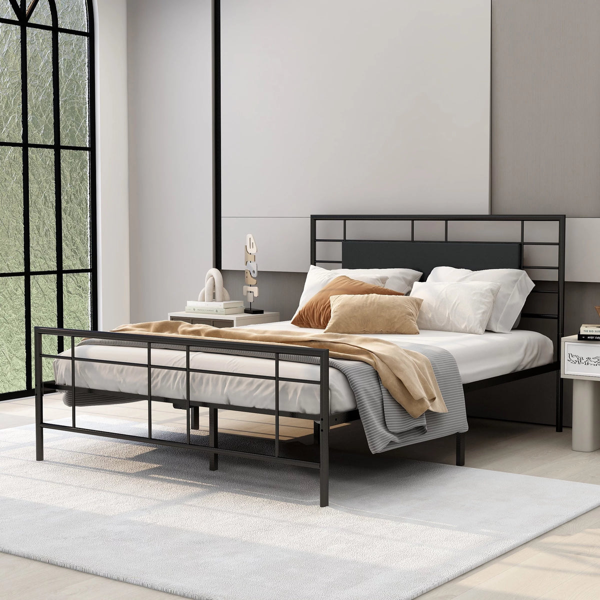 Queen Size Black Metal Platform Bed Frame with Leather Upholstered Headboard Z536791
