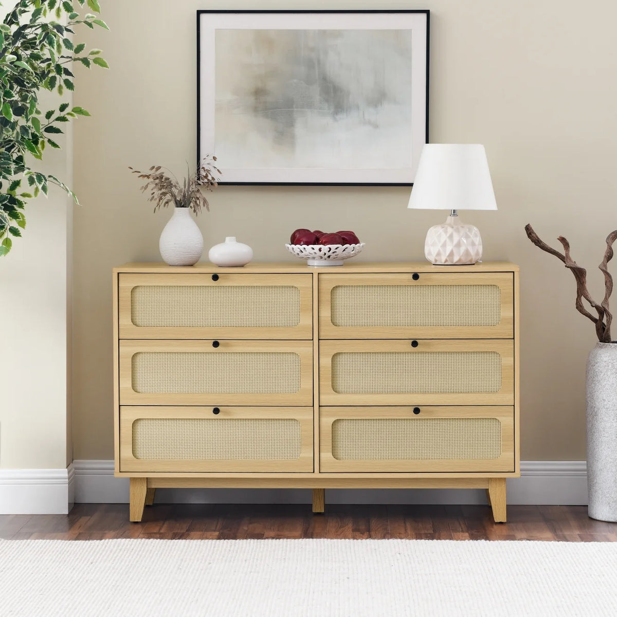6 Drawer Wooden Dresser with Rattan Drawers D28475