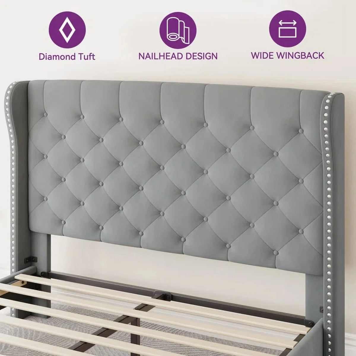 Queen Size Grey Velvet Upholstered Platform Bed Frame S583