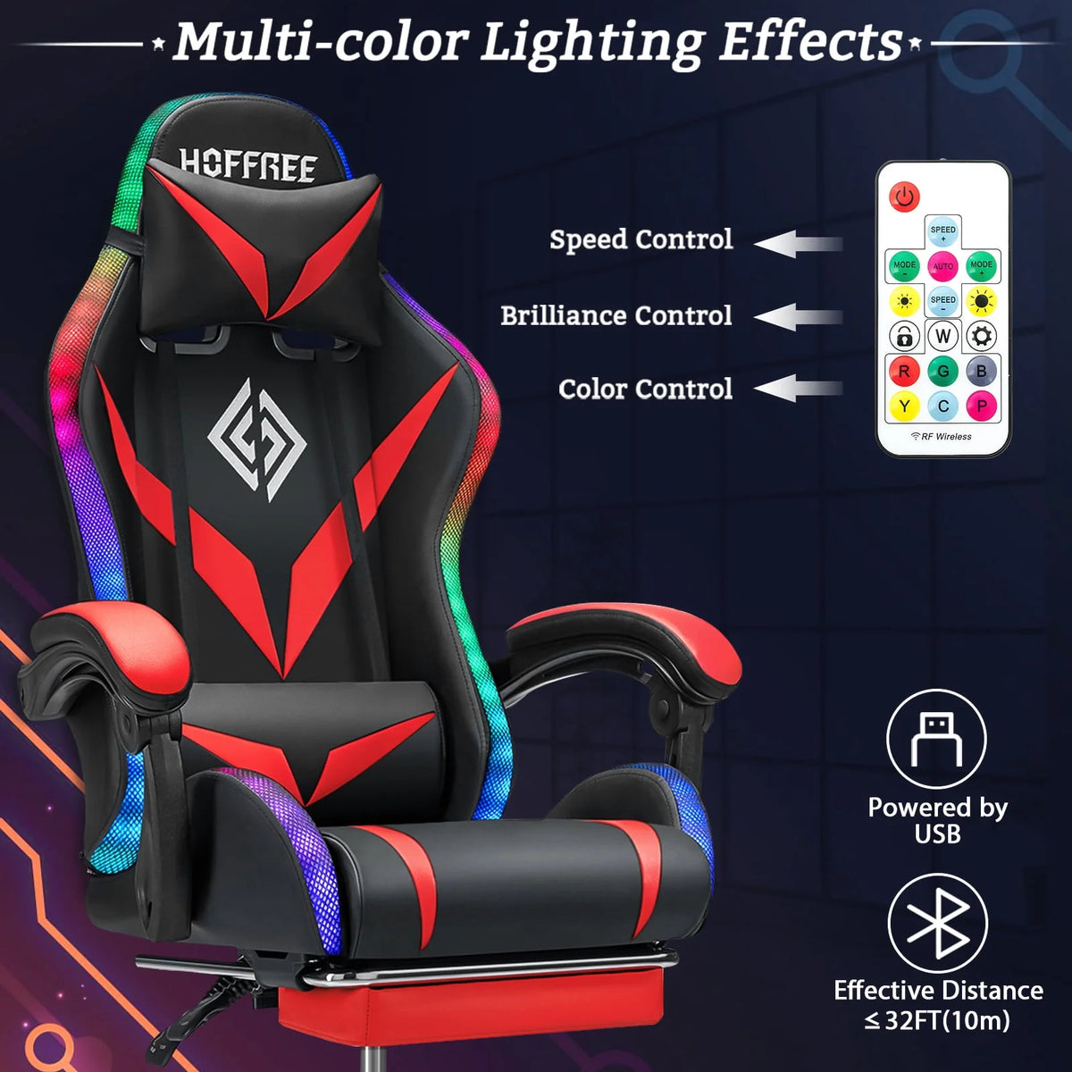 Gaming Chair with Speakers PU Leather Footrest LED Lights I919