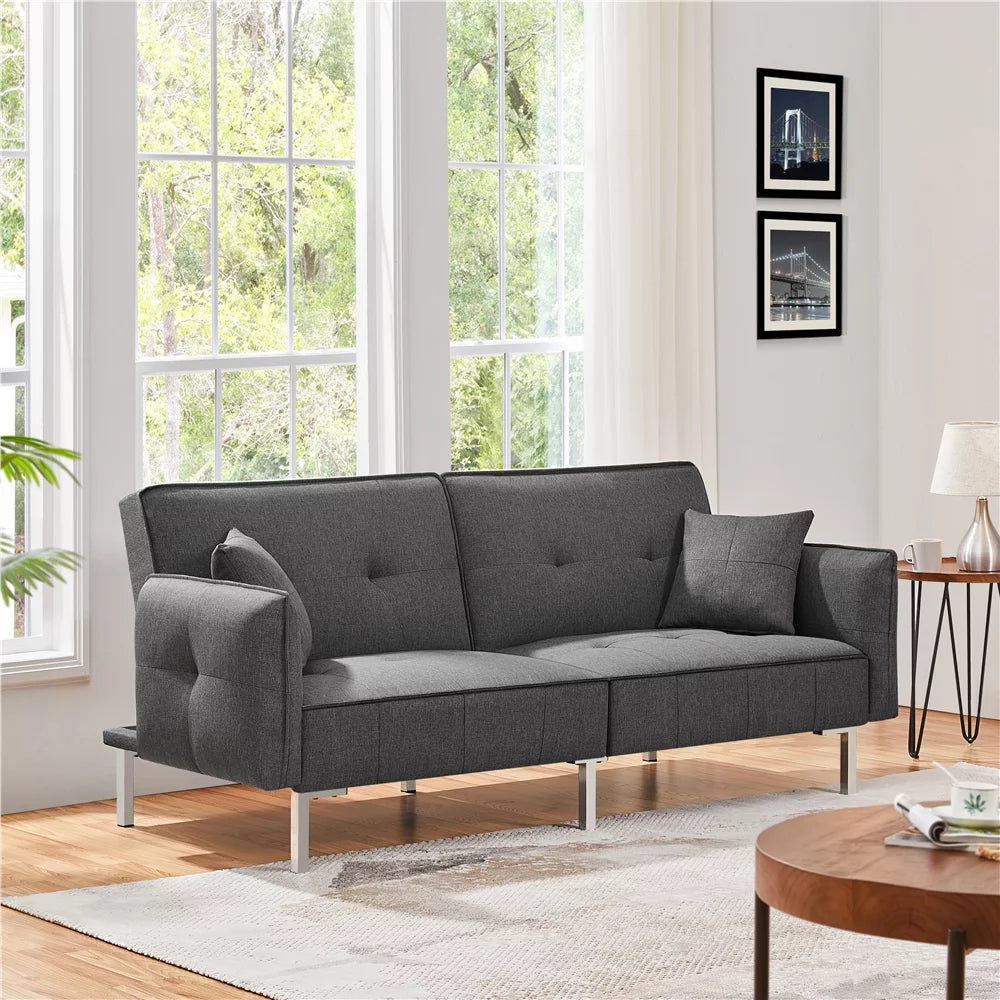 Black Fabric Covered Futon Sofa Bed with Adjustable Backrest A29578