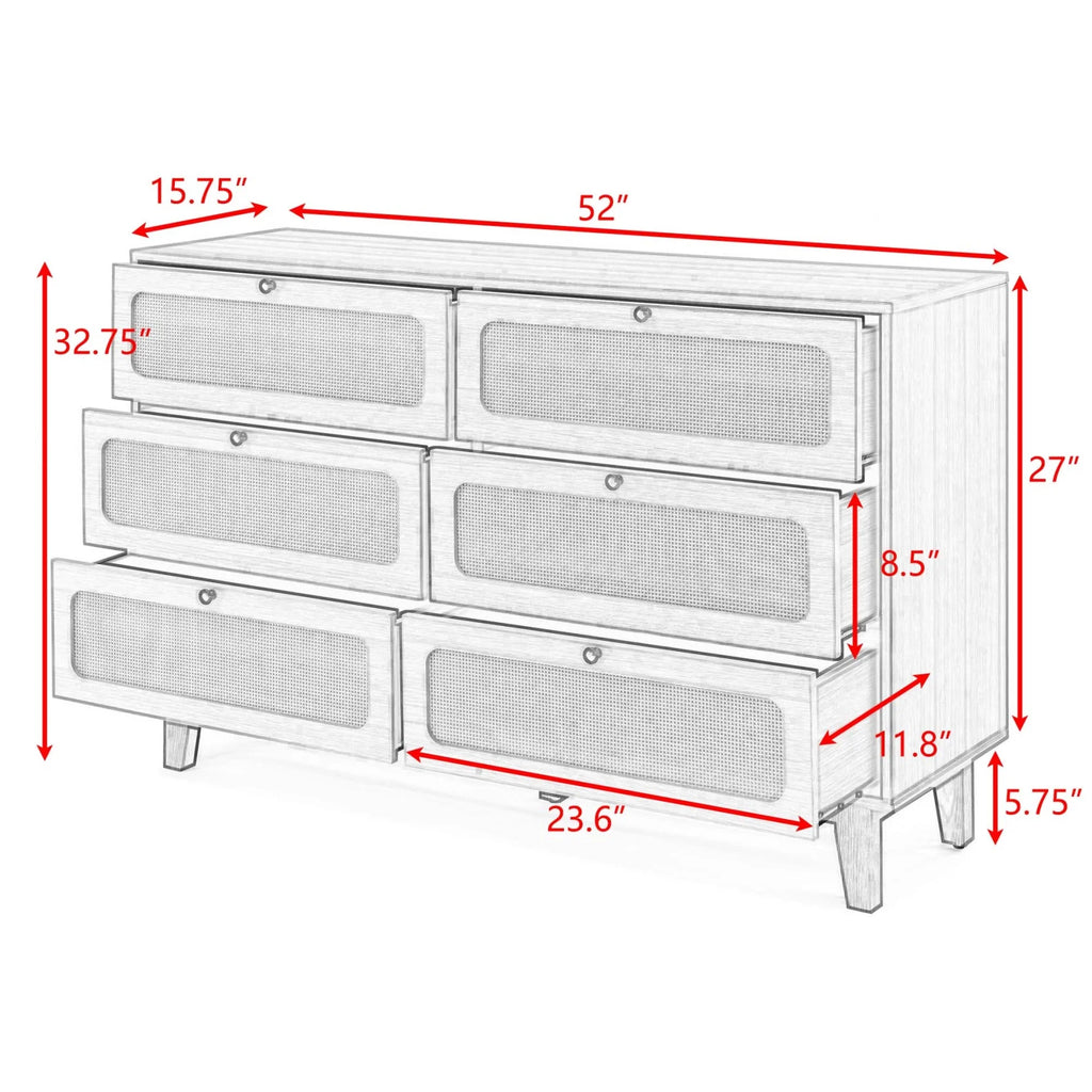 6 Drawer Wooden Dresser with Rattan Drawers D28475