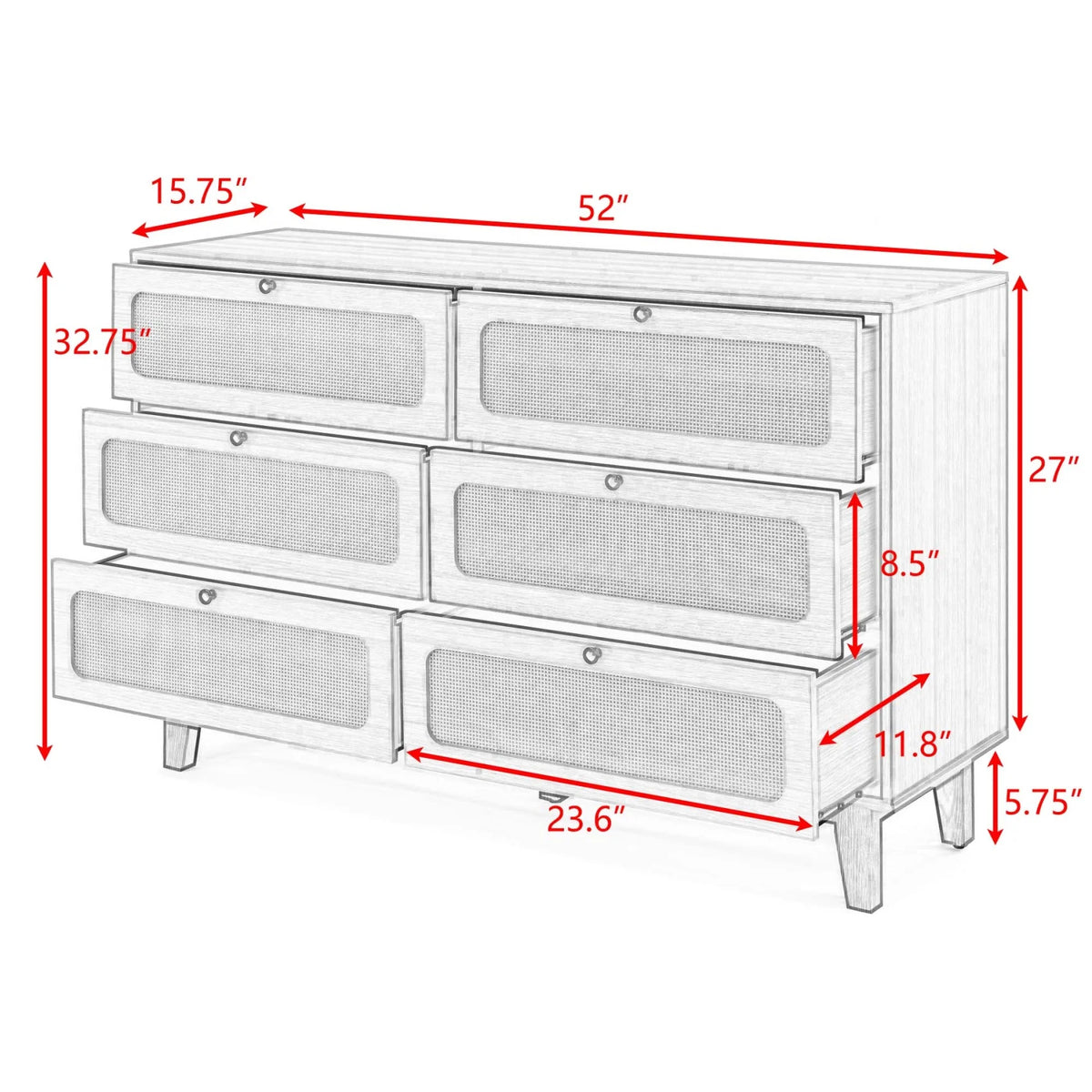 6 Drawer Wooden Dresser with Rattan Drawers D28475