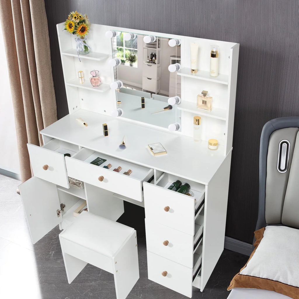 White Vanity Set with Mirror and Lights W786