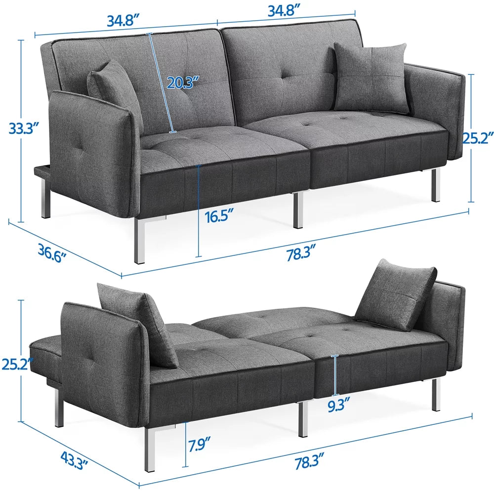 Black Fabric Covered Futon Sofa Bed with Adjustable Backrest A29578
