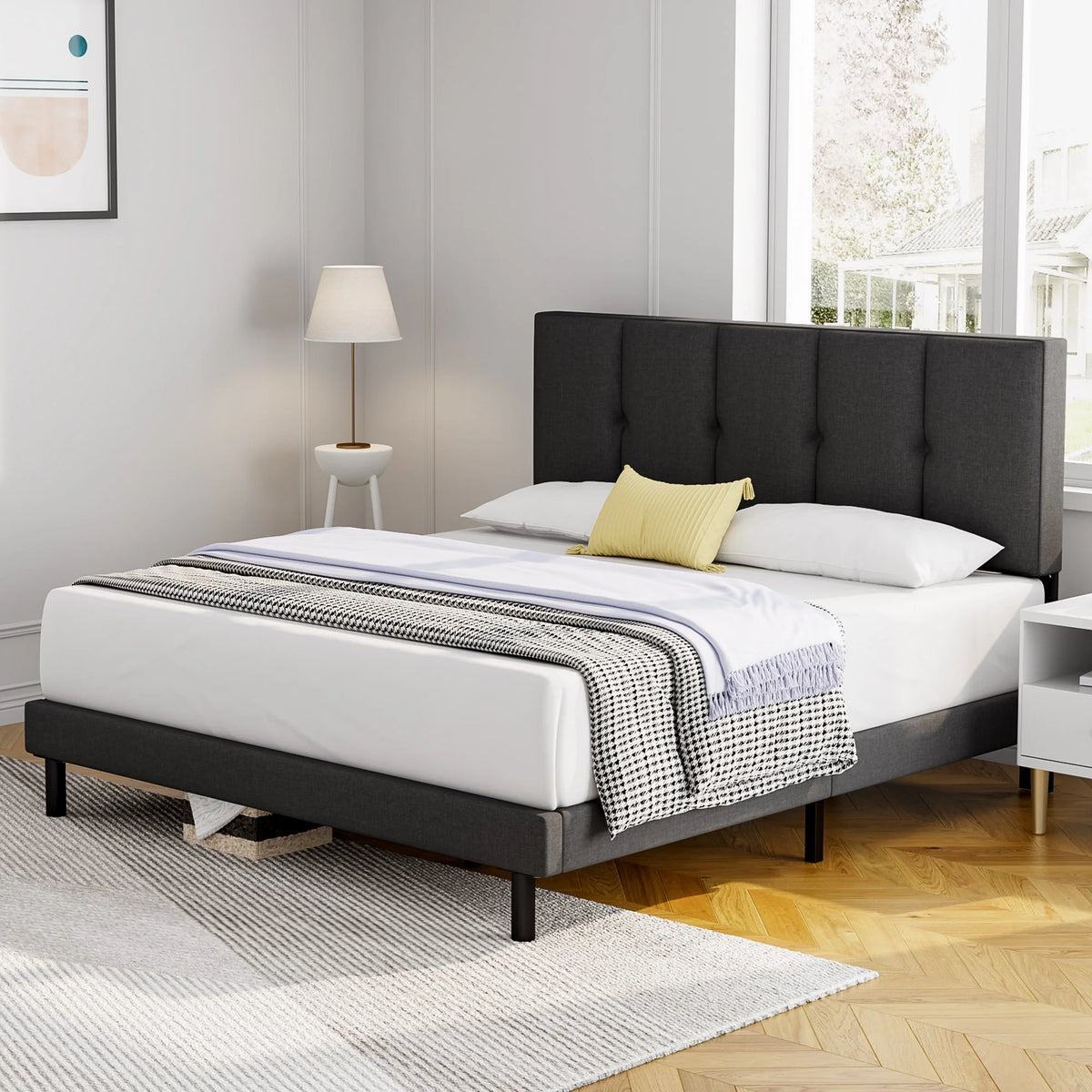 Full Size Bed Frame with Upholstered Headboard and Wooden Slats L58784