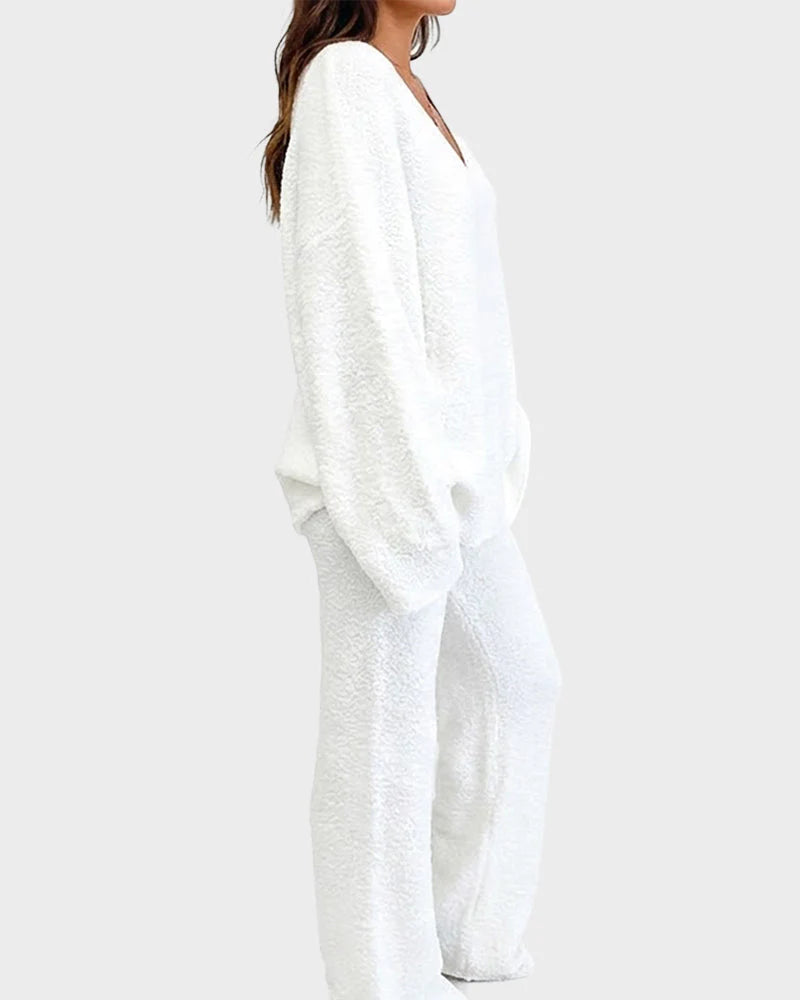 Soft Fuzzy V-Neck Loungewear Set L862567