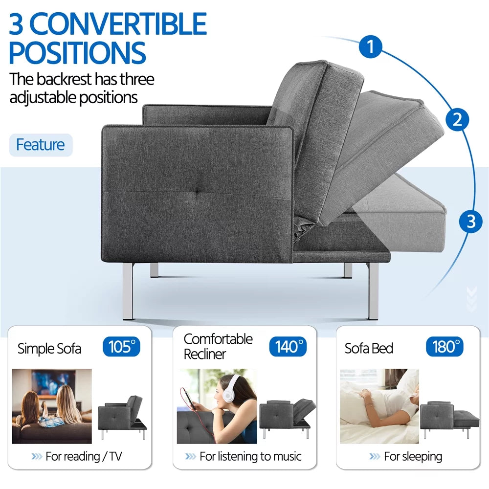Black Fabric Covered Futon Sofa Bed with Adjustable Backrest A29578