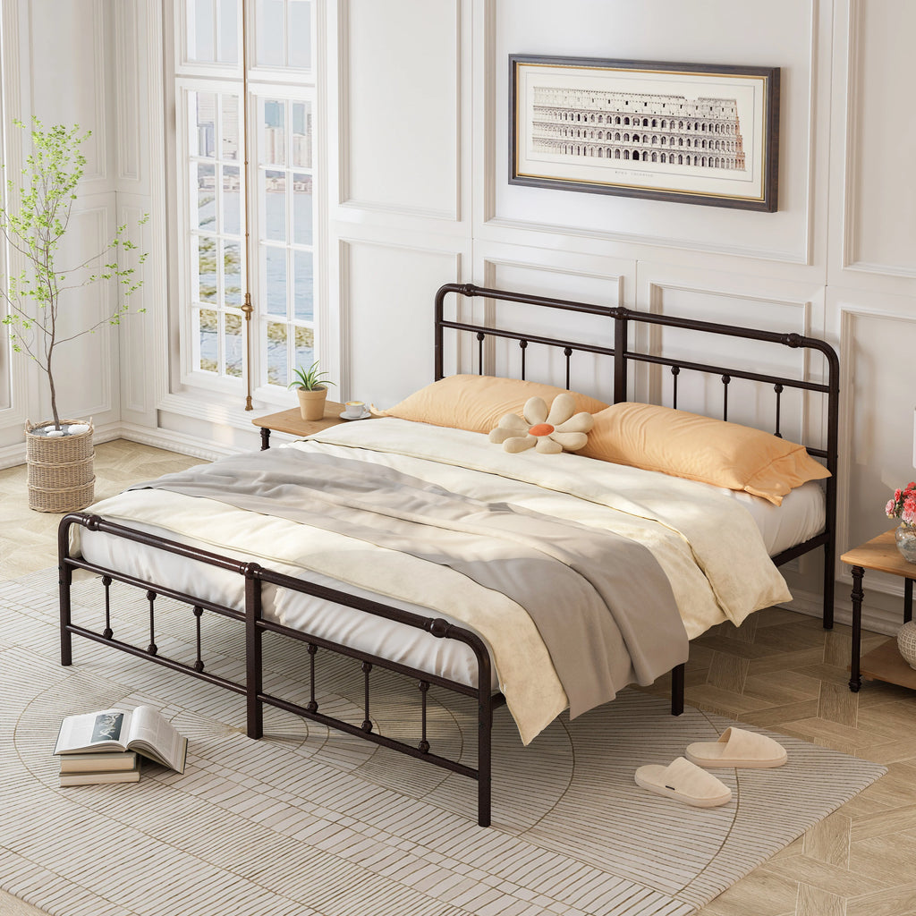 King Size Platform Bed Frame with Metal Headboard U4486