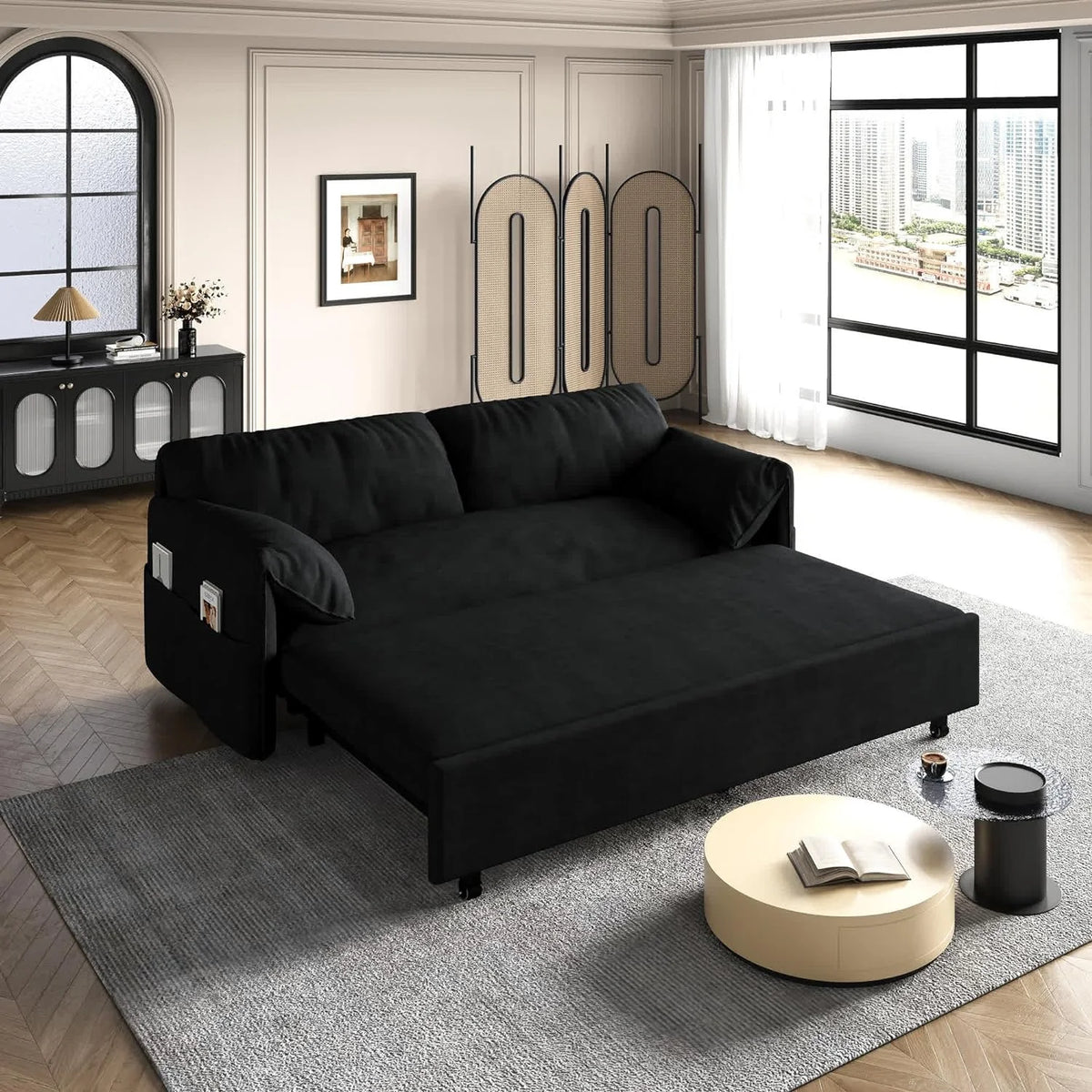 Queen Size Velvet Convertible Sleeper Sofa with Side Pocket J557