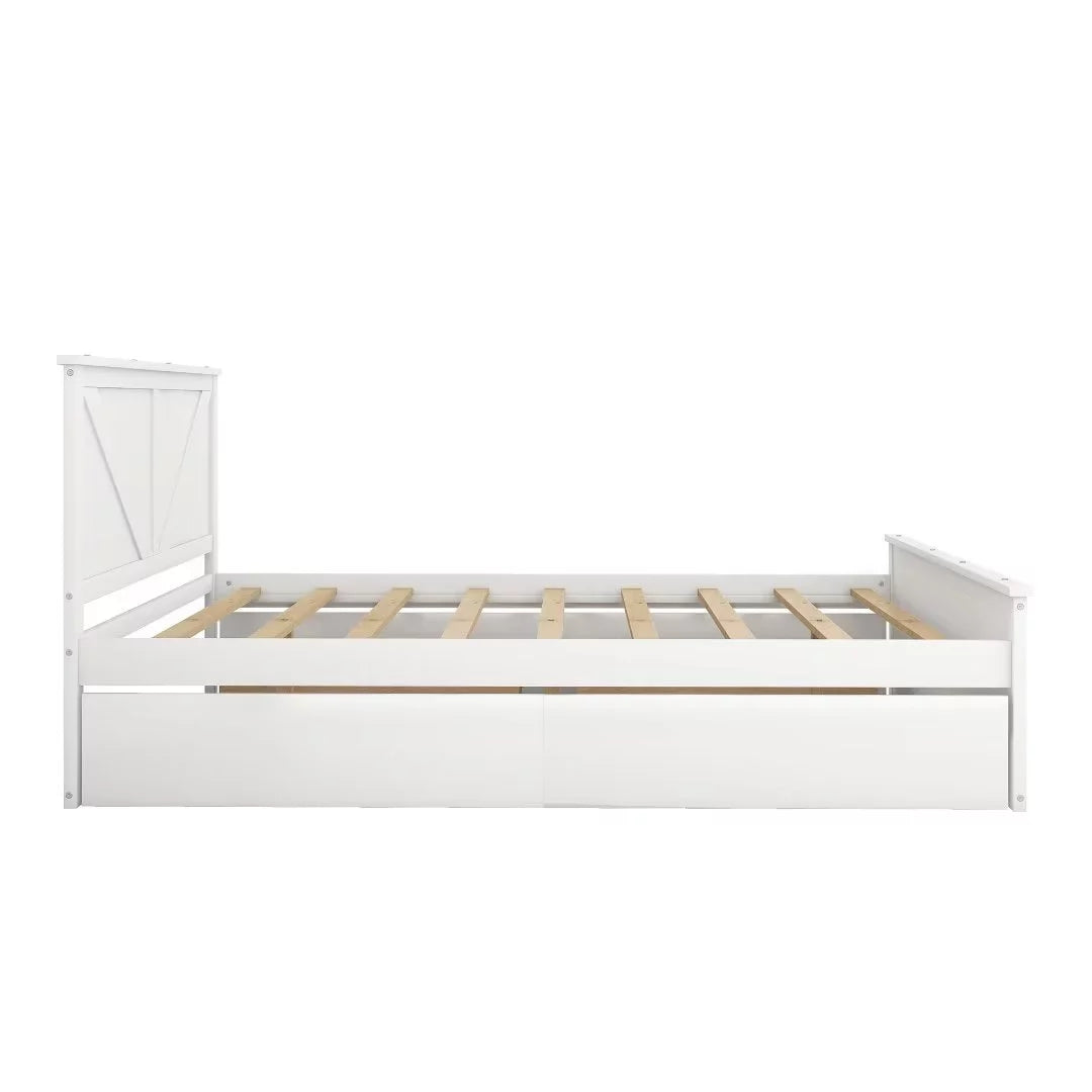 Queen Size White Wooden Platform Bed with 4 Storage Drawers T9900