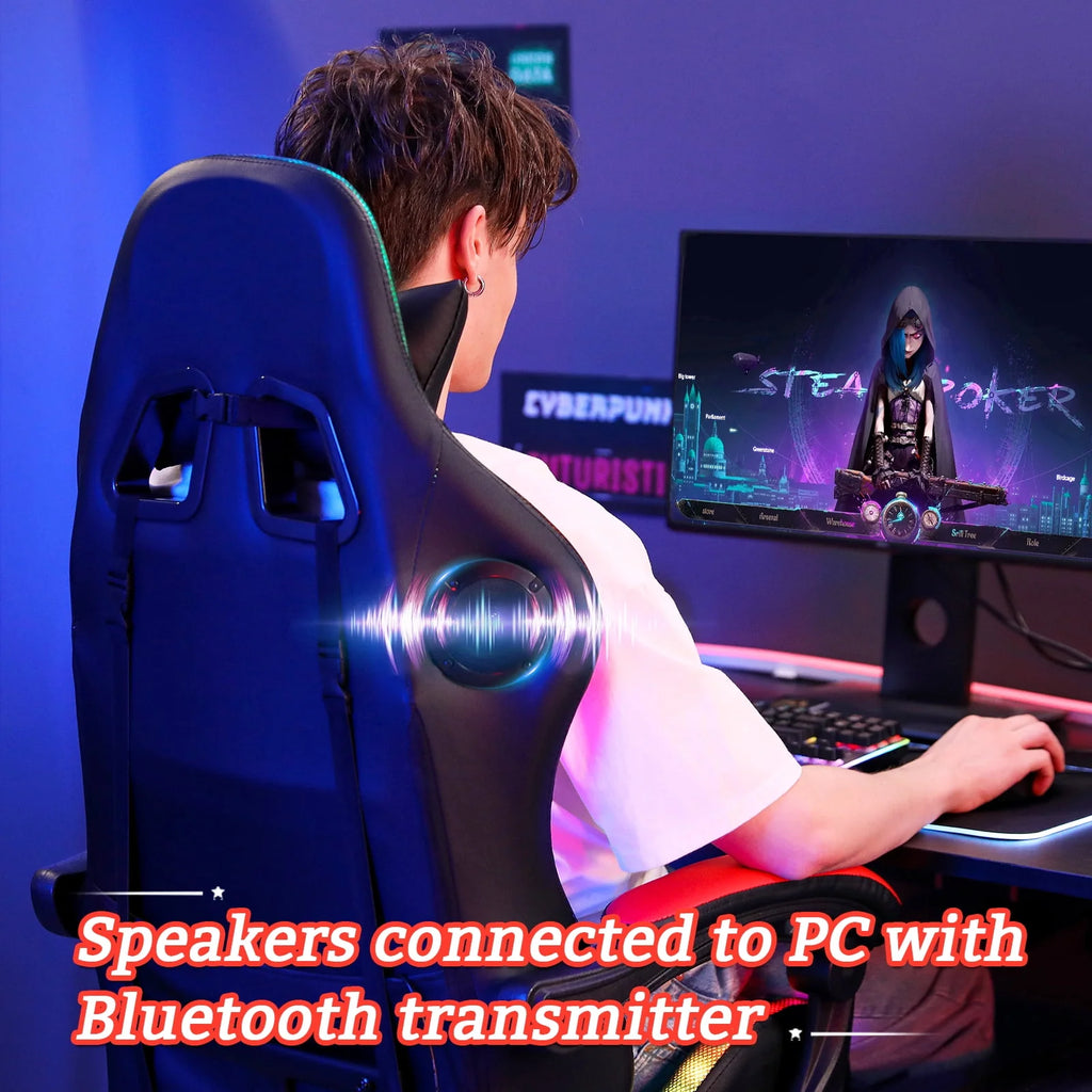 Gaming Chair with Speakers PU Leather Footrest LED Lights I919