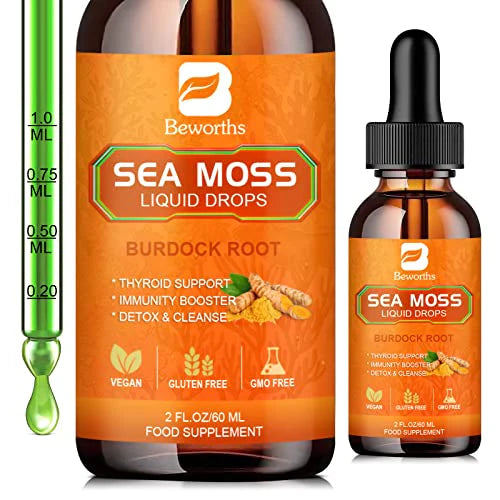 Organic Irish Sea Moss Liquid Drops with Burdock Root, Turmeric, Spirulina - 2 Fl Oz R26767
