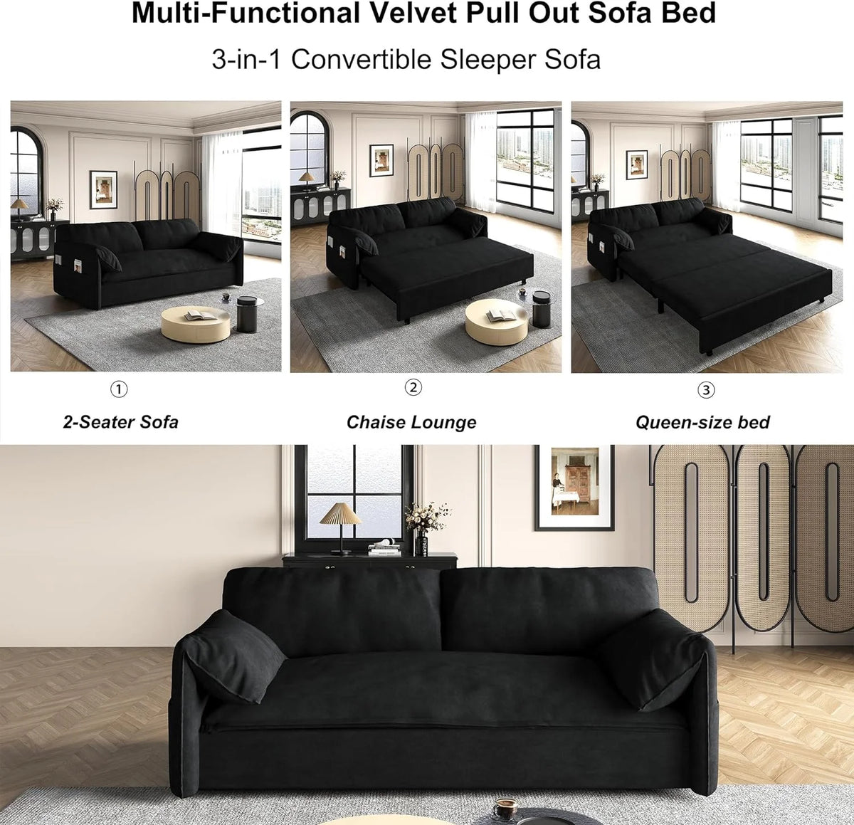 Queen Size Velvet Convertible Sleeper Sofa with Side Pocket J557