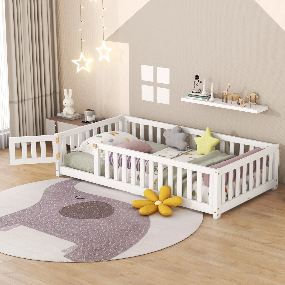 White Twin Size Floor Bed with Guardrails and Door W76666