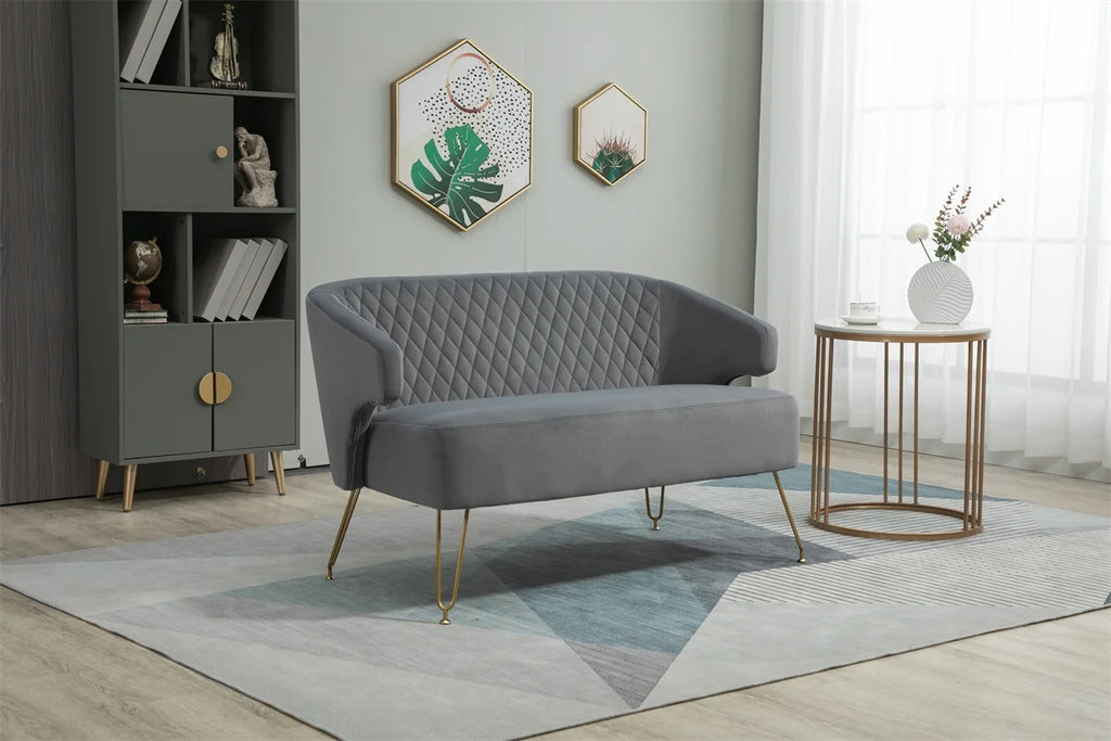 Yellow Tufted Loveseat Sofa with Golden Metal Legs U6596