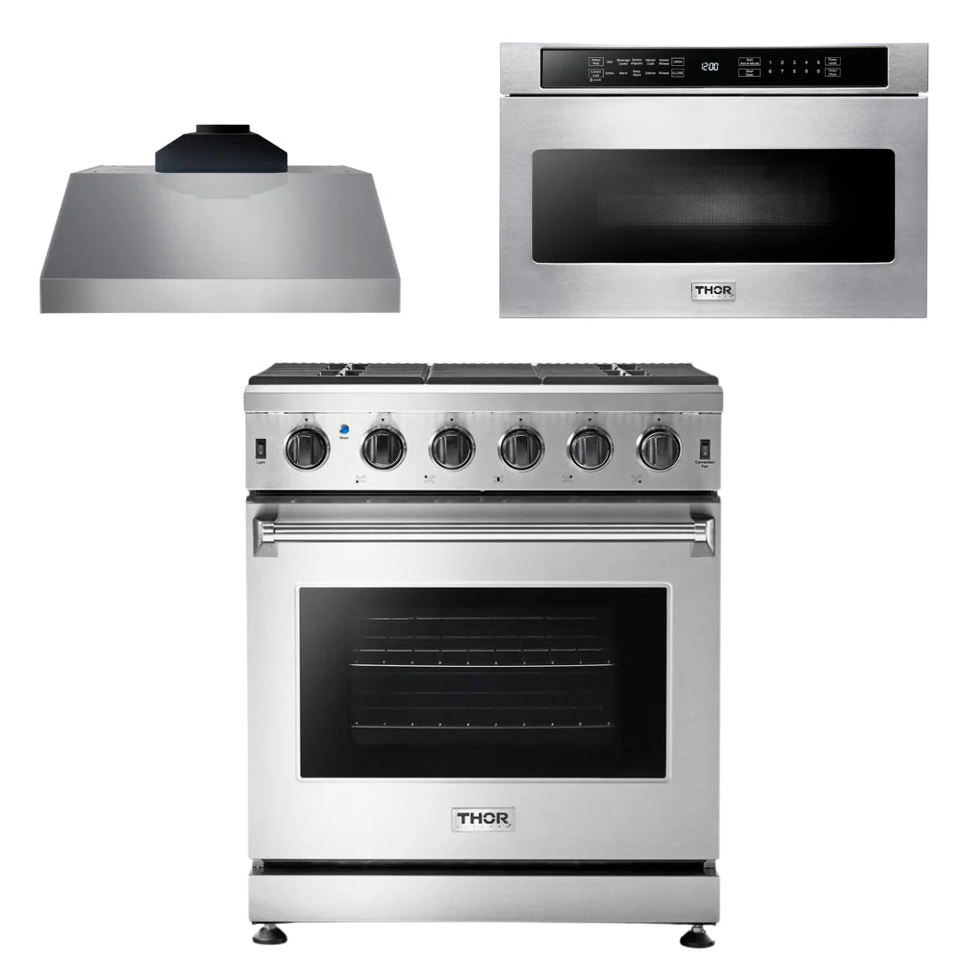 30 Gas Range, Range Hood, Microwave Y1705