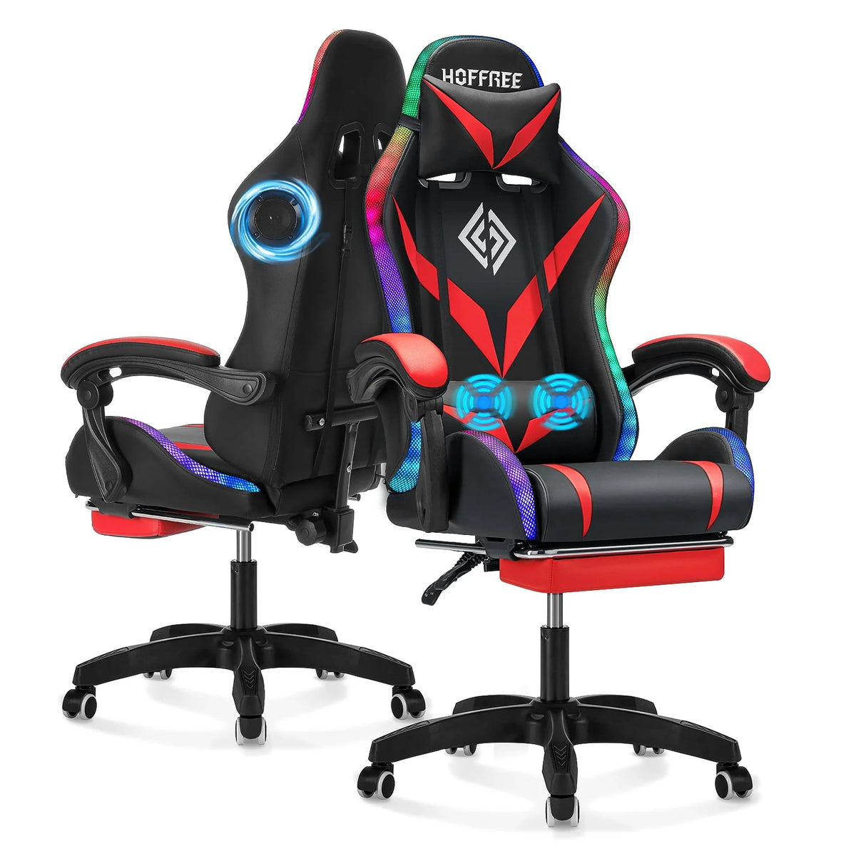 Gaming Chair with Speakers PU Leather Footrest LED Lights I919