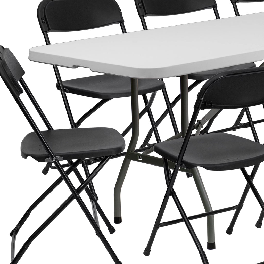 8' Bi-Fold Granite White Plastic Folding Table Set with 10 Folding Chairs E9145