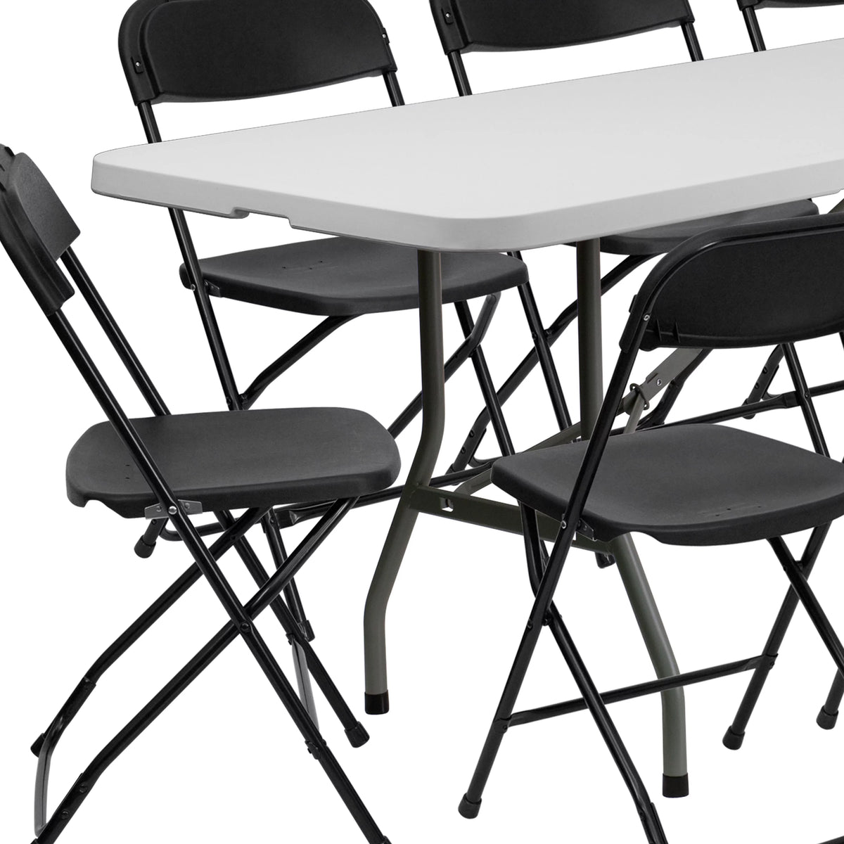 8' Bi-Fold Granite White Plastic Folding Table Set with 10 Folding Chairs E9145