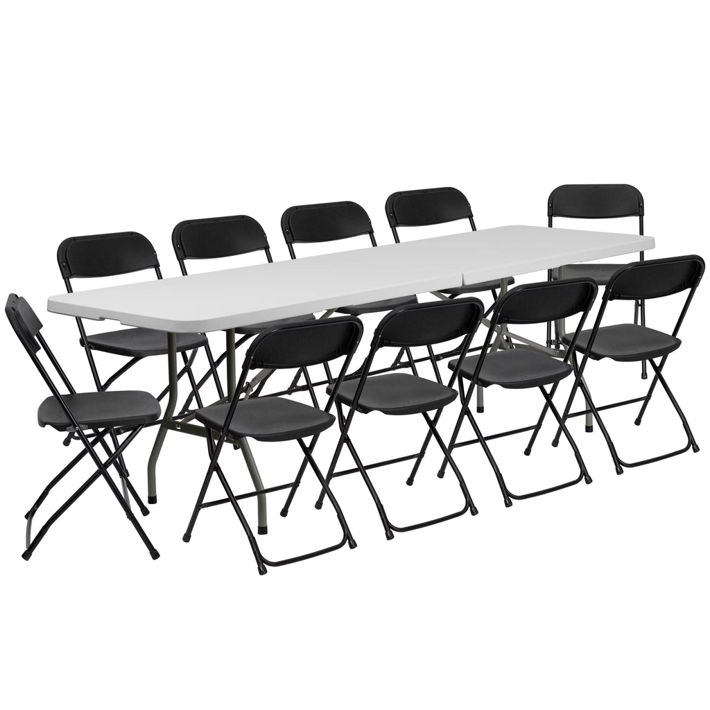 8' Bi-Fold Granite White Plastic Folding Table Set with 10 Folding Chairs E9145