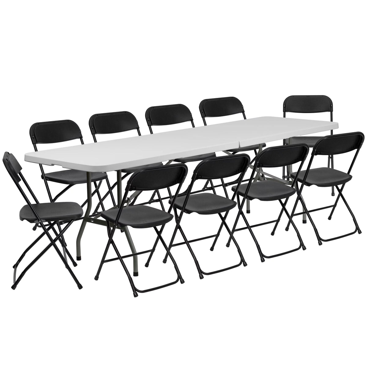 8' Bi-Fold Granite White Plastic Folding Table Set with 10 Folding Chairs E9145