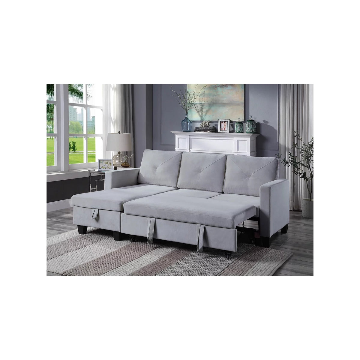 Light Gray Velvet Reversible Sleeper Sectional with Storage W36709