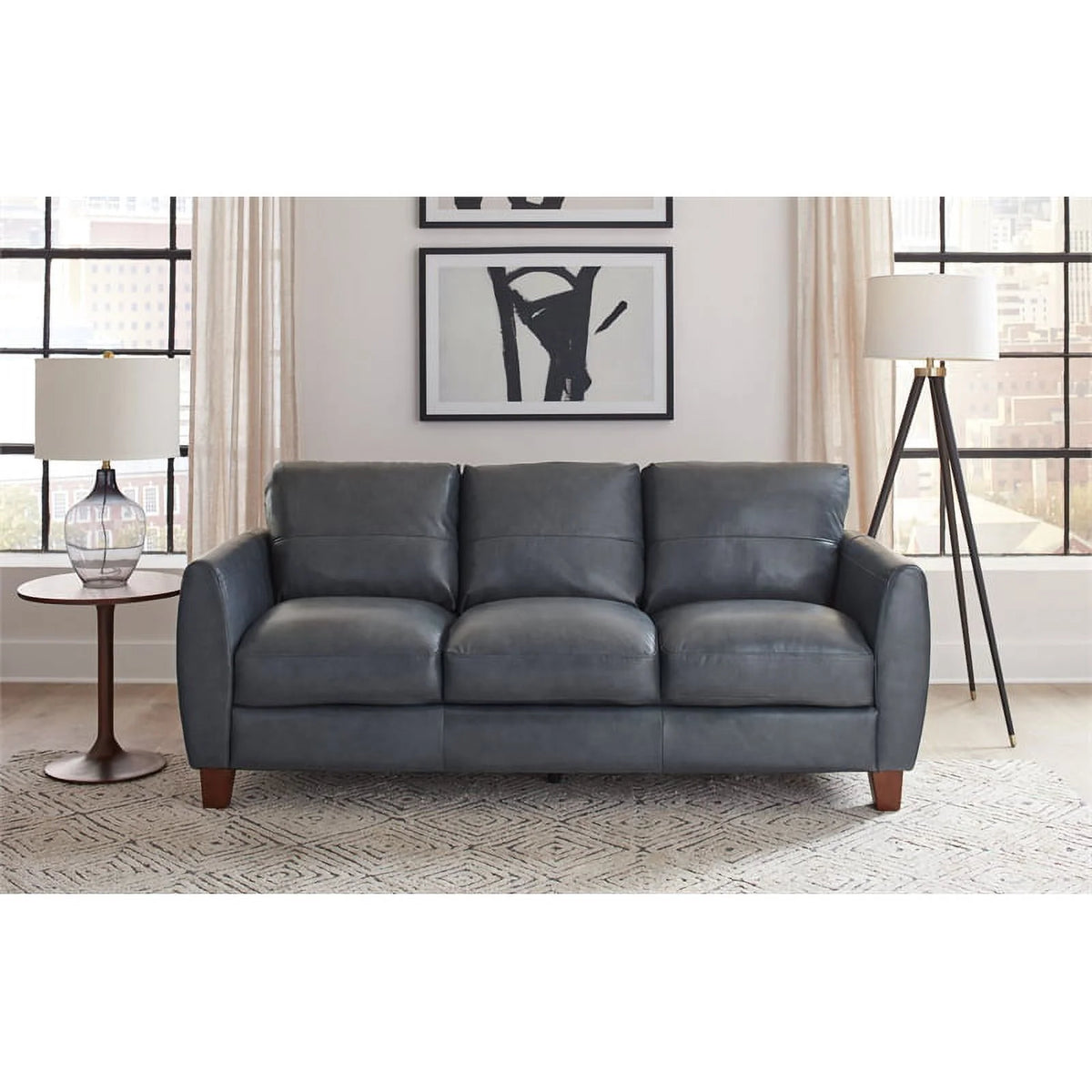 Blue Leather & Hardwood Sofa S150541
