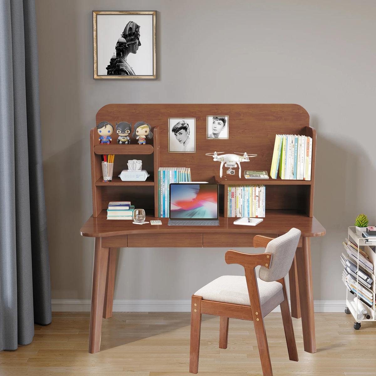 Kids Desk and Chair Set Wooden with Bookshelf and Two Drawers J106
