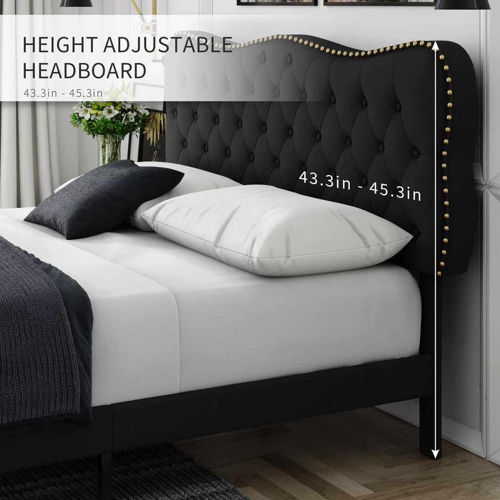 Queen Size Black Linen Upholstered Platform Bed with Adjustable Headboard L55702