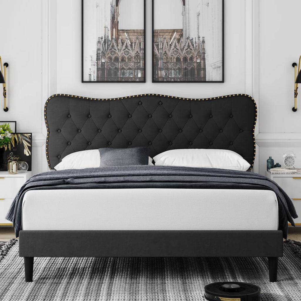 Queen Size Black Linen Upholstered Platform Bed with Adjustable Headboard L55702