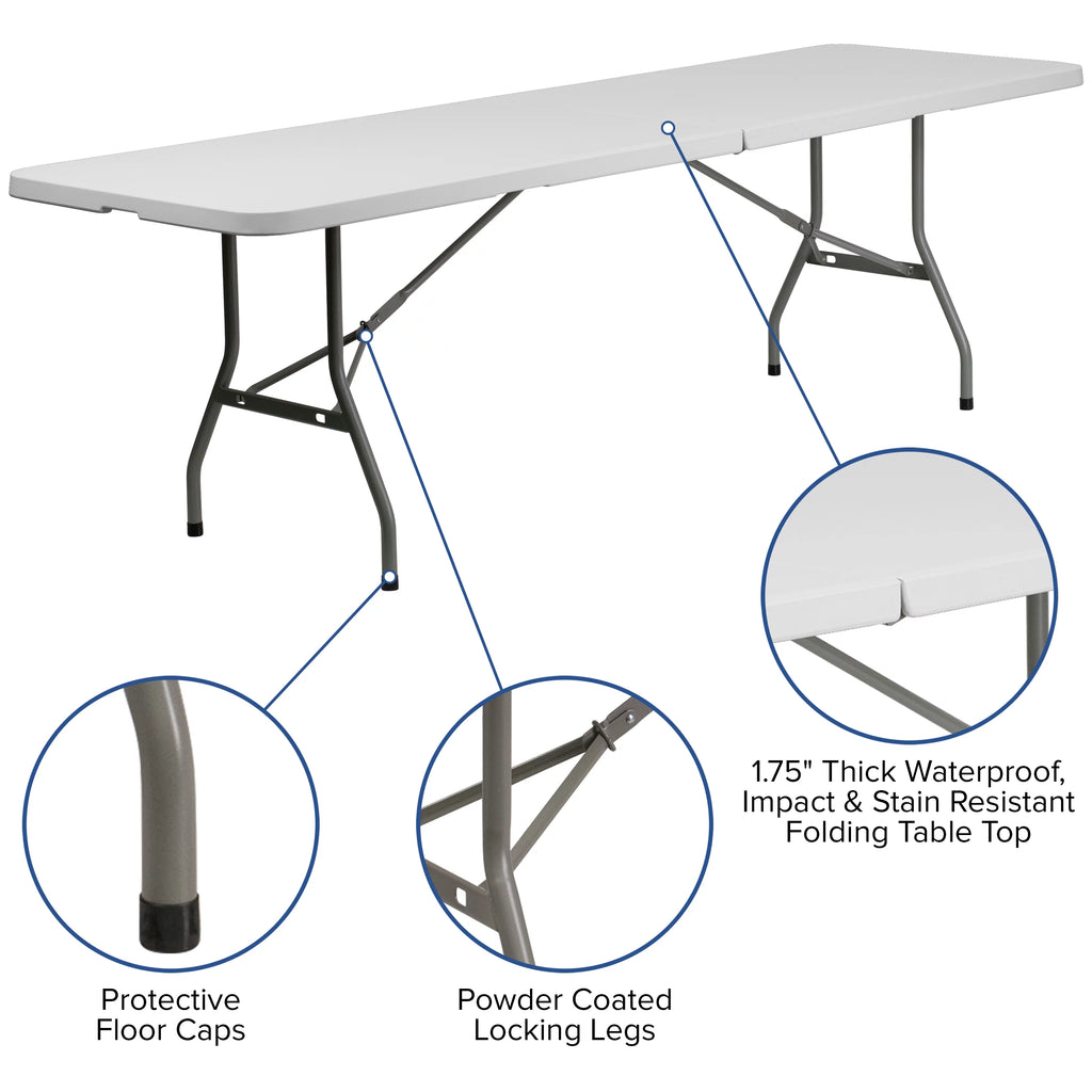8' Bi-Fold Granite White Plastic Folding Table Set with 10 Folding Chairs E9145